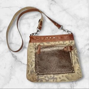 Myra Bag Composition Crossbody Purse Cowhide Leather & Canvas Western Boho